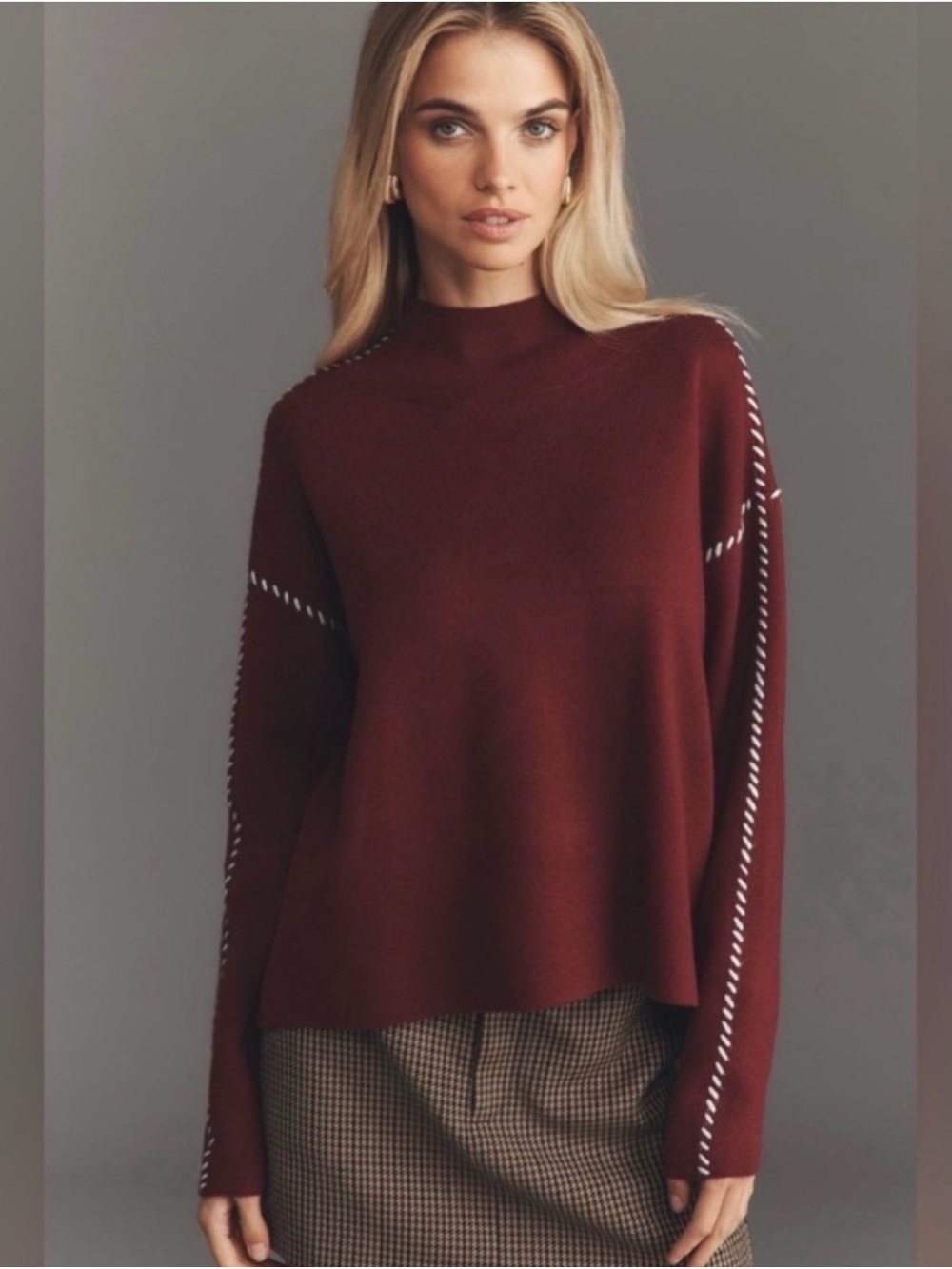 Maeve Carys Mock-Neck Sweater Fresh Berry with White Contrast Stitching